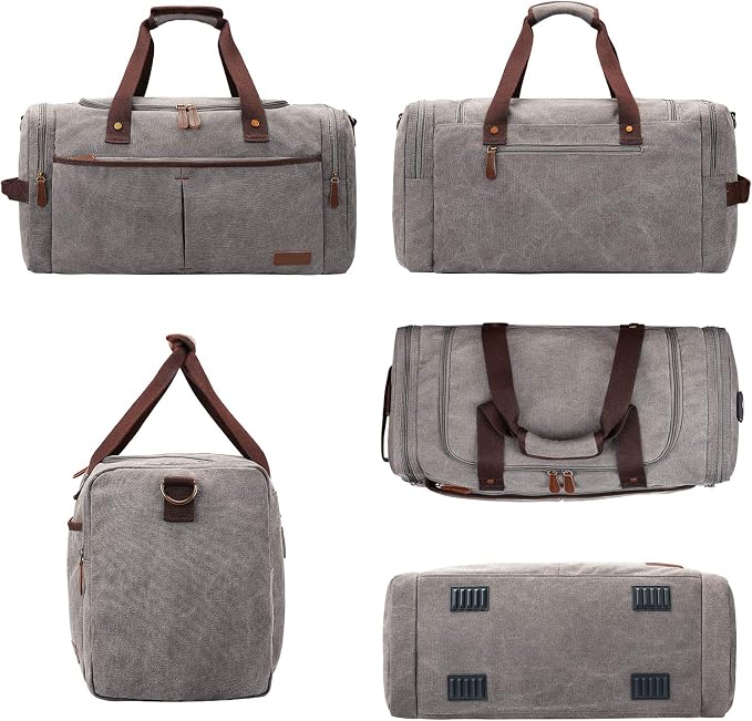 S-ZONE 65L Expandable Canvas Duffle Bag Travel Overnight Holdall Weekend Bag with Shoes Compartment Large Carry On Bag Tote Gym Bag for Men Women, Light Gray, X-Large, Travel Duffle | Water-resistant, X-Large Size, Multi-Pockets, Removable Shoulder Str... - Image 6