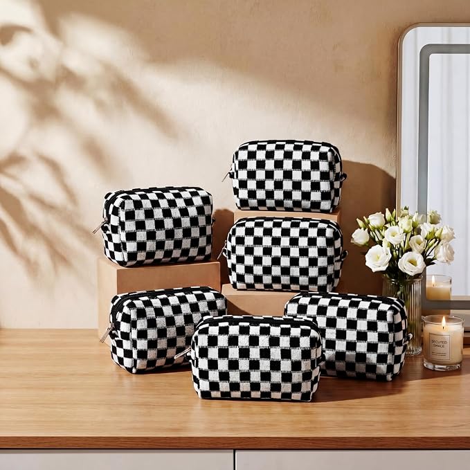 Gilprop 8 Pcs Checkered Makeup Bag for Purse Small Cosmetic Pouch Bulk Portable Zipper Makeup Pouch Travel Toiletry Organizer Gifts for Women Bridesmaid Wedding Party Favors (Black) - Image 4