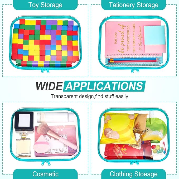 Sanwuta 6 Pcs Clear Hard Zipper Case Plastic Zipper Pouches Transparent Makeup Bag Pencil Case Pouches Toiletry Diaper Bag for Travel Toy Storage Organizer Bins(Teal,9.84 x 7.87 x 2 Inch) - Image 7
