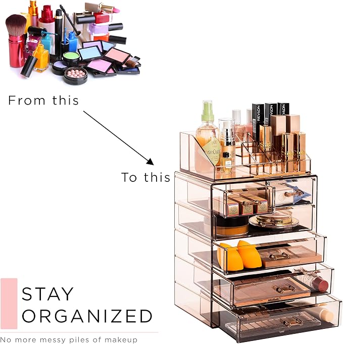 Sorbus Acrylic Makeup Organizer Set, 6-Drawer Vanity & Countertop Cosmetic Storage with Small & Wide Compartments, Bronze Glow Makeup Storage for Brushes, Jewelry – Holiday Gift for Women & Teens - Image 7
