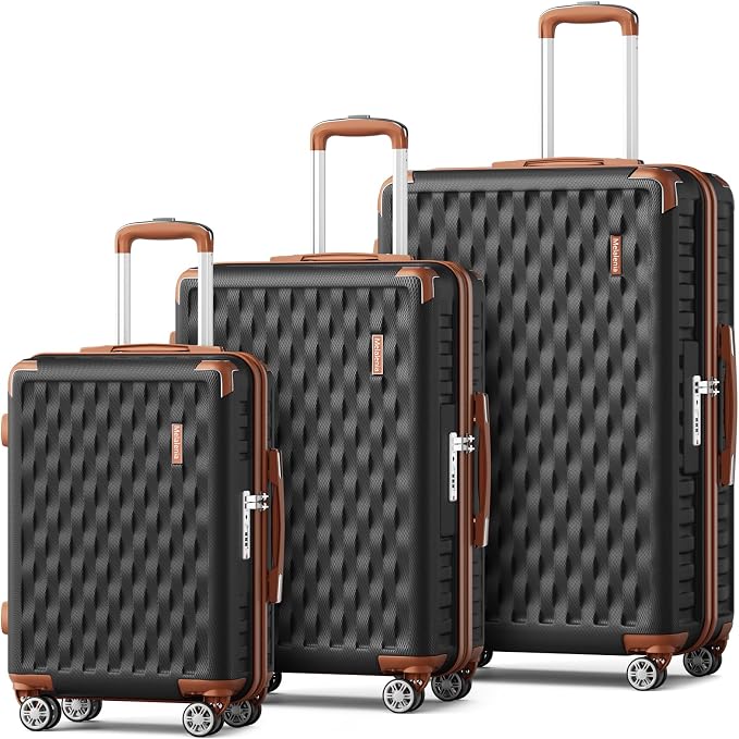 Melalenia Luggage Sets 3 Piece, Hard Shell Carry on Suitcase with Spinner Wheels and TSA Lock, Travel Lightweight Luggage Set for Women, Black Brown by Melalenia