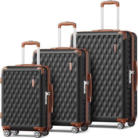 Melalenia Luggage Sets 3 Piece, Hard Shell Carry on Suitcase with Spinner Wheels and TSA Lock, Travel Lightweight Luggage Set for Women, Black Brown by Melalenia