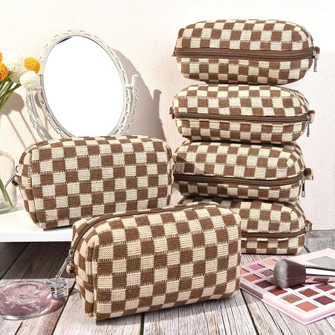 SOIDRAM Checkered Makeup Bag Preppy Cosmetic Bag Bulk Brown Makeup Pouch Personalize Travel Toiletry Bag Organizer Cute DIY Makeup Brushes Storage Bag for Women - Image 4