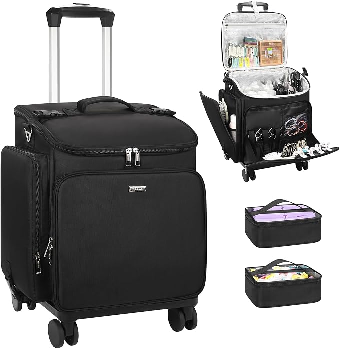Relavel Rolling Makeup Case, Hair Tools Travel Bag Cosmetology Case on Wheels with 2 Clear Bags, Professional Hairstylist Bag Makeup Artist Storage Train Case Barber Organizer with 360° Spinner Wheels by Relavel