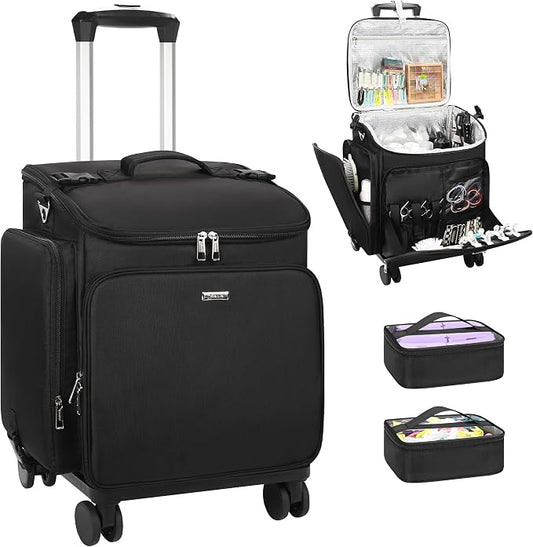 Relavel Rolling Makeup Case, Hair Tools Travel Bag Cosmetology Case on Wheels with 2 Clear Bags, Professional Hairstylist Bag Makeup Artist Storage Train Case Barber Organizer with 360° Spinner Wheels by Relavel
