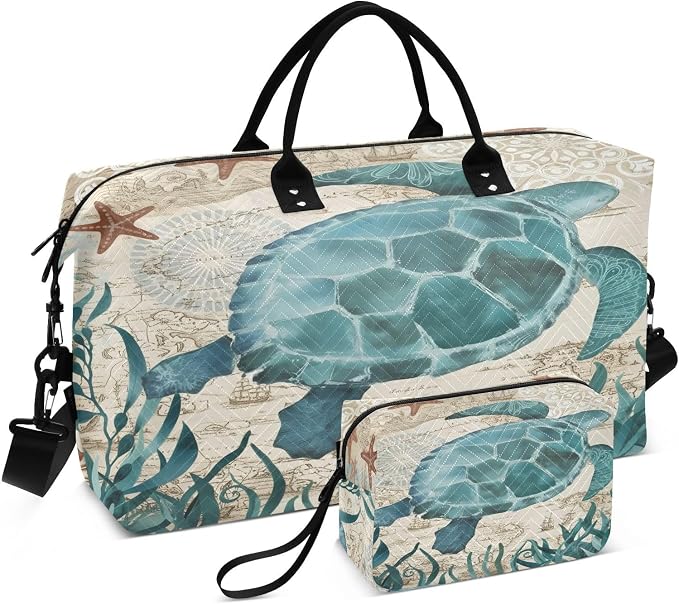 Weekender Bags Travel Duffel Gym Bag Carry on Overnight Tote Bag with Toiletry Bag for Airplane Travel Trip Gym Yoga (Sea Lives Turtle Coral) by senya