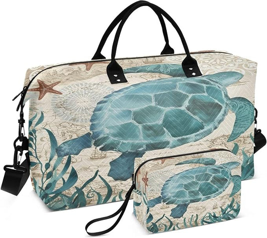 Weekender Bags Travel Duffel Gym Bag Carry on Overnight Tote Bag with Toiletry Bag for Airplane Travel Trip Gym Yoga (Sea Lives Turtle Coral) by senya
