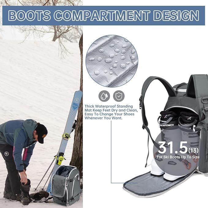 Ski Boot Bag, 50L Ski Boot Travel Backpack for Skis, Snowboard & Accessories, Waterproof Padded Ski Boot Bag Backpack - Image 6