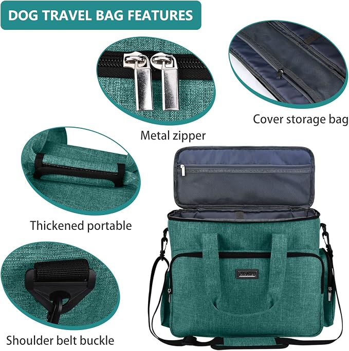 BAGLHER Dog Travel Bag, Airline Approved Pet Tote Organizer with Multi-Function Pockets, 2 X Food Storage Containers and 2 X Collapsible Bowls, Perfect Weekend Pet Travel Set for Dog, Cat Green - Image 4