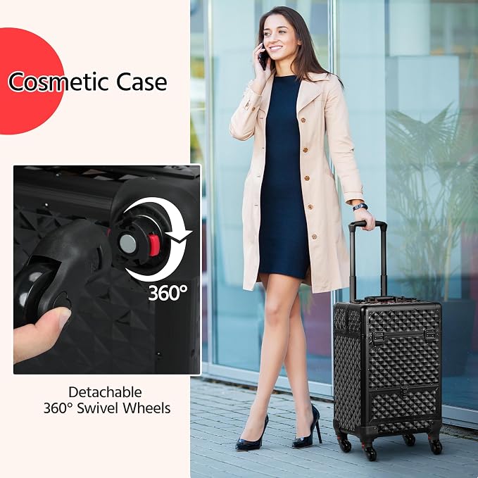 Yaheetech Rolling Makeup Train Case with a Drawer Nail Trolley Black/Red | Sturdy ABS & aluminum nail cart organizes beauty supplies in side trays and a drawer, rolls smoothly & lockable for travel - Image 2