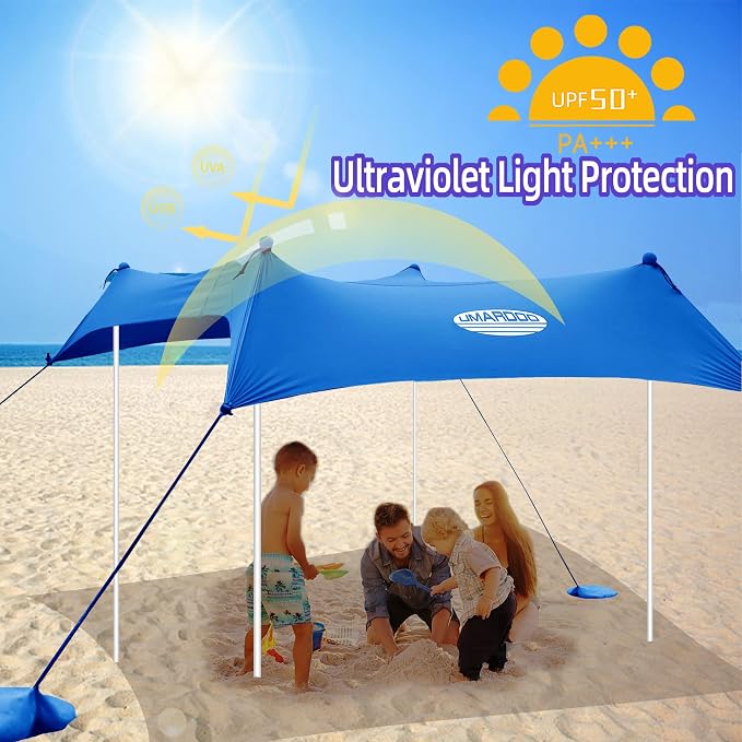 UMARDOO Family Beach Tent Canopy Sun Shade Portable 7×7FT, Large Wind Resistance Beach Sun Shelter Easy Setup with Packable Carry Bag for Outdoor Travel UPF 50+(Blue) - Image 3