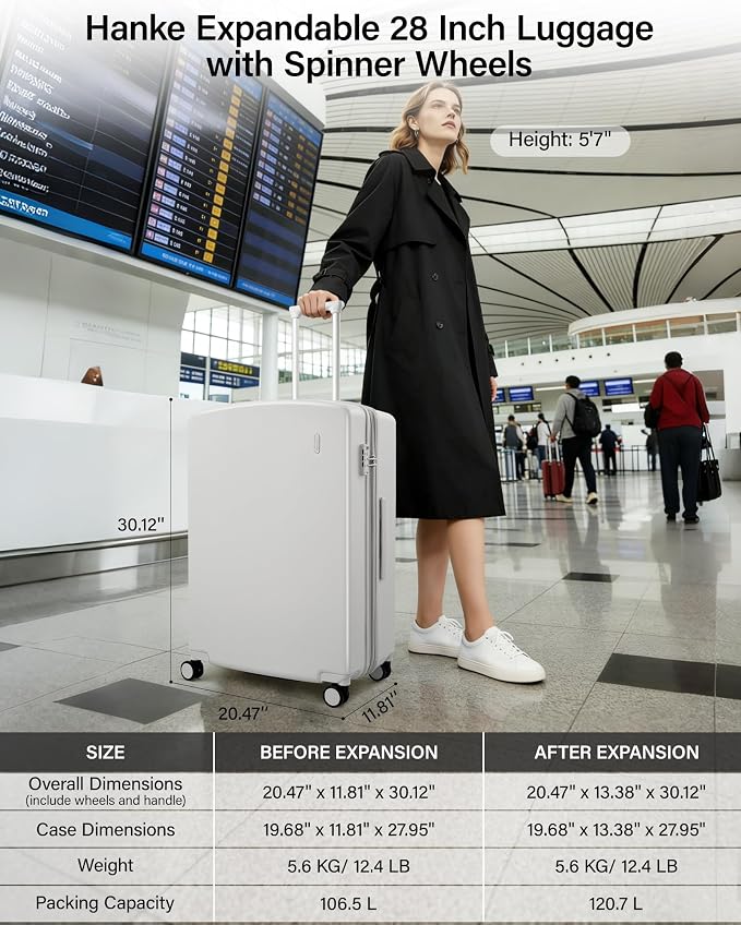 Hanke Expandable 28 Inch Luggage with Spinner Wheels, Hard Shell Large Suitcases with Wheels Checked Luggage for Travel, Rolling Suitcase for Woman & Men with TSA Lock(Smoke White) - Image 2