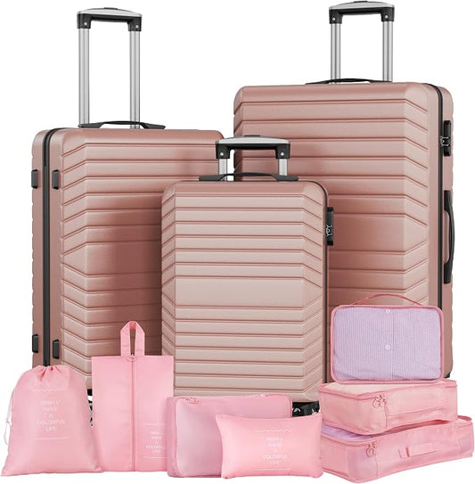 10 Piece Luggage Sets, 3 Piece Suitcase Set, 20 inch Carry on Luggage, 24 inch and 28 inch Checked Luggage with 7PC Packing Bags by Suitour