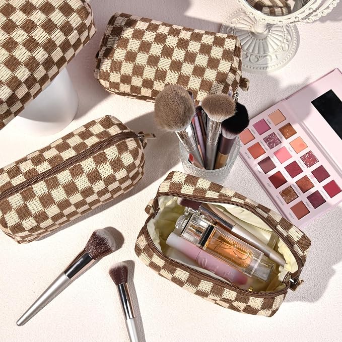 SOIDRAM Checkered Makeup Bag Preppy Cosmetic Bag Bulk Brown Makeup Pouch Personalize Travel Toiletry Bag Organizer Cute DIY Makeup Brushes Storage Bag for Women - Image 2