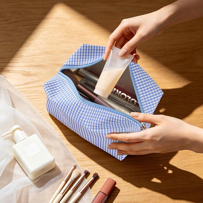 Makeup Bag Set for Women, 3PCS Travel Cosmetic Bags Pencil Case, Checkered Seersucker Toiletry Organizer Pouches, Cute Makeup Pouch for Purse, Accessories and Gifts, Colorful Gingham - Image 3