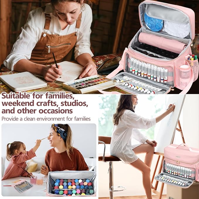 Acrylic Paint and Brush Set Organizer Bag - Carrying Case Compatible with Apple Barrel, Shuttle Art, Caliart Art Supplies - Includes Detachable Paint Brush Holder - for Home/Travel/Outdoor (Pro Pink) - Image 6