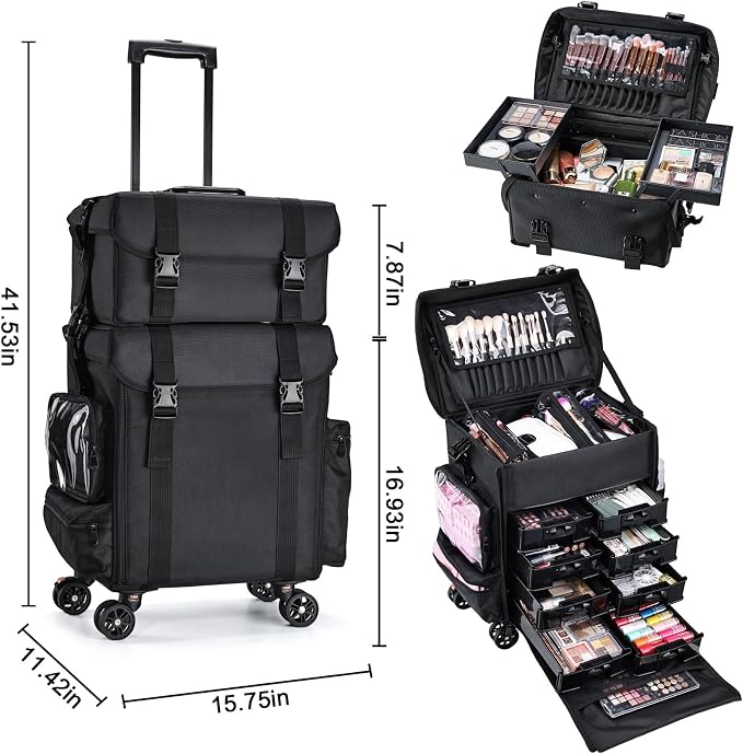 Stagiant Professional Rolling Makeup Case Soft Sided Cosmetology Organizer Wheeled Nylon Train Case Portable Travel Supply Station for Makeup Artist Nail Technician Hair Stylist Crafters - Image 6