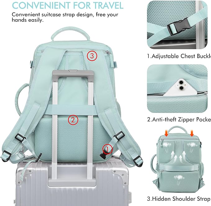 Beraliy Travel Backpack for Women, Airline Approved Bag, 16 inch Laptop Waterproof Hiking Backpack, Casual College Daypack, Weekender Bag, Mint Green - Image 7