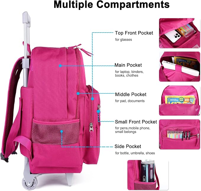Tilami Rolling Backpack 18 inch Double Handle with Lunch Bag Wheeled Kids Backpack, Deep Pink - Image 3