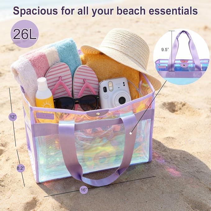 Iridescent Beach Bag, 2Pcs Large Clear Jelly Tote Bag for Women | Jelly Beach Bag, Purple & Pink, Waterproof & Sandproof, Zipper&Snap, Gym Pool Swim Bag Cruise Beach Essential for Family 2026 - Image 3