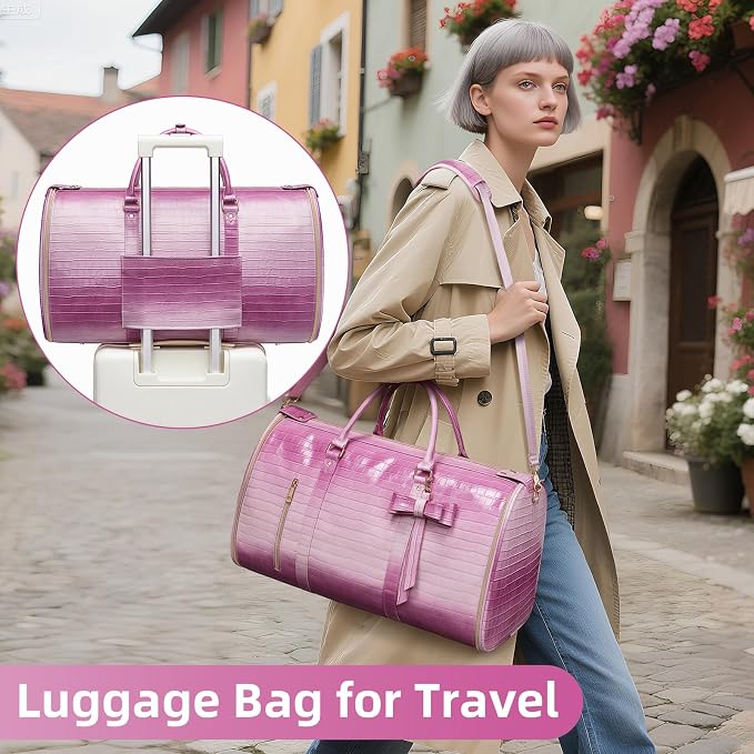 Garment Bags for Travel, 2-in-1 Convertible Travel Garment Duffle Bag for Women, Foldable Carry On Garment Bag with Shoe Compartment & Toiletry Pocket, PU Leather Weekender Bag, Pink-White - Image 7