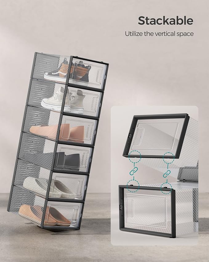 SONGMICS Shoe Boxes, Pack of 24 Shoe Storage Organizers, Stackable Clear Plastic Boxes for Closet, Sneakers, 13.1 x 9.1 x 5.6 Inches, Transparent and Black ULSP906B12 - Image 4