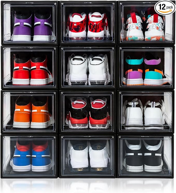 12 Pack Shoe Boxes, Clear Acrylic Plastic Shoe Boxes Stackable, Space-Saving Foldable Drop Front Shoe Storage Boxes Container for With Lids Fits Up to Size 15 (Dark Black) by BSFHH