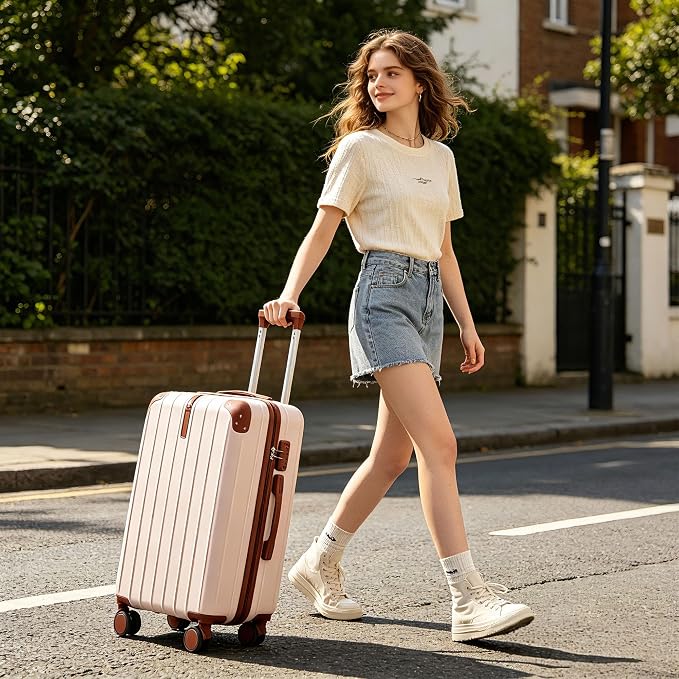 Hardside Luggage Sets, Lightweight Stripes Suitcase with Spinner Wheels, Ivory - Image 2