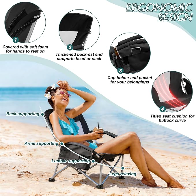 HaSteeL Low Beach Chairs for Adults, Lightweight Camping Folding Chair with Carrying Bag, Portable for Outdoors Lawn Backyard Patio RV Trip Fishing Sport Tailgating, Support 300LBS, Black, 2 Pack - Image 4