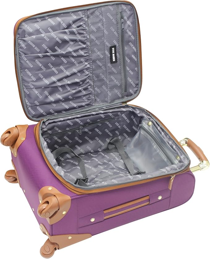 Steve Madden Designer Luggage Collection - Expandable 28 Inch Softside Bag for Men & Women - Durable Lightweight Checked Suitcase with 4-Rolling Spinner Wheels (Global Purple) - Image 4