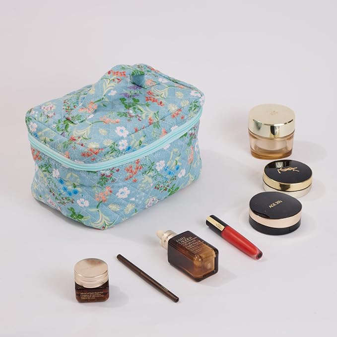 Wildflower Floral Quilted Cotton Cosmetic Zipper Pouch, Large Capacity Makeup Accessories Storage Bag for Women Girls, Aesthetic Coquette Travel Toiletry Organizer (Set of 3) - Image 5