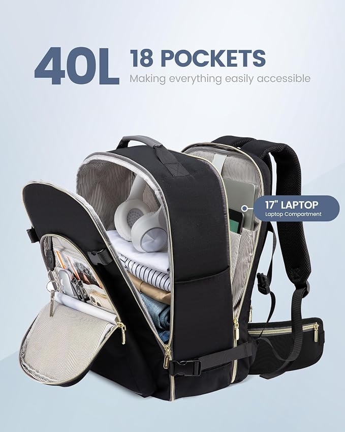LOVEVOOK 40L Travel Backpack with Waist Strap,Flight Approved Carry on Backpack,Waterproof Personal Item Travel Bag,TSA Carry on Luggage Suitcase Travel Essentials,Gifts for Women & Men,fit 17" Laptop - Image 3