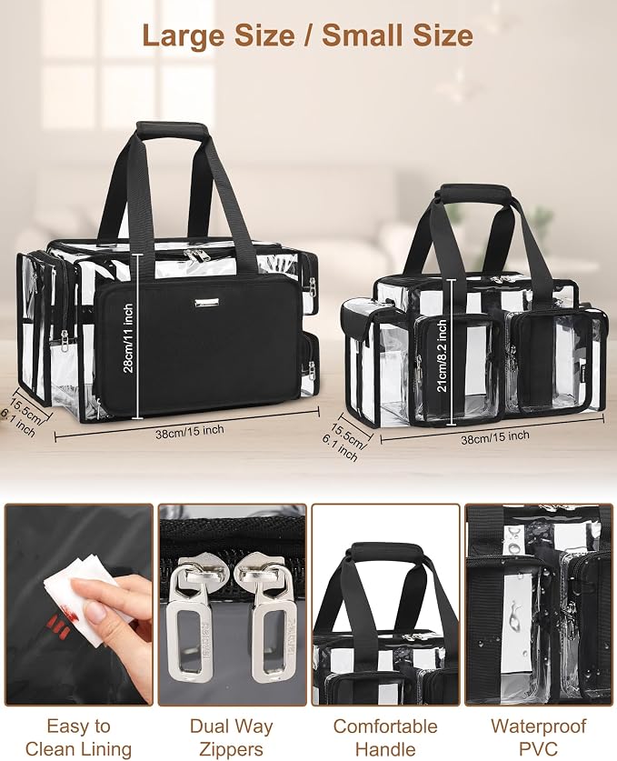 Relavel Clear Makeup Bag Professional Makeup Artist Kit Set Travel Cosmetic Organizer Case Transparent Stadium Approved Tote Bag Toiletry Lunch Duffle Work Shoulder Bag with Adjustable Dividers, Black - Image 8