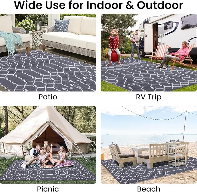 Smiry Outdoor Rug 6x9 ft, Waterproof Reversible Plastic Straw Rugs, Boho Outdoor Area Rug, Outside Floor Mat for Patio, Backyard, Deck, Picnic, Beach, Camping, Grey - Image 8