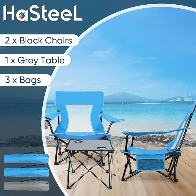 HaSteeL Folding Beach Chair Set of 3, Foldable Blue Camping Chairs & Grey Table for Outside, Low Beach Chair Portable for Adults Fishing, Picnic, Outdoor BBQ, Travel, Sports, Cup Holder & Storage Bag - Image 3