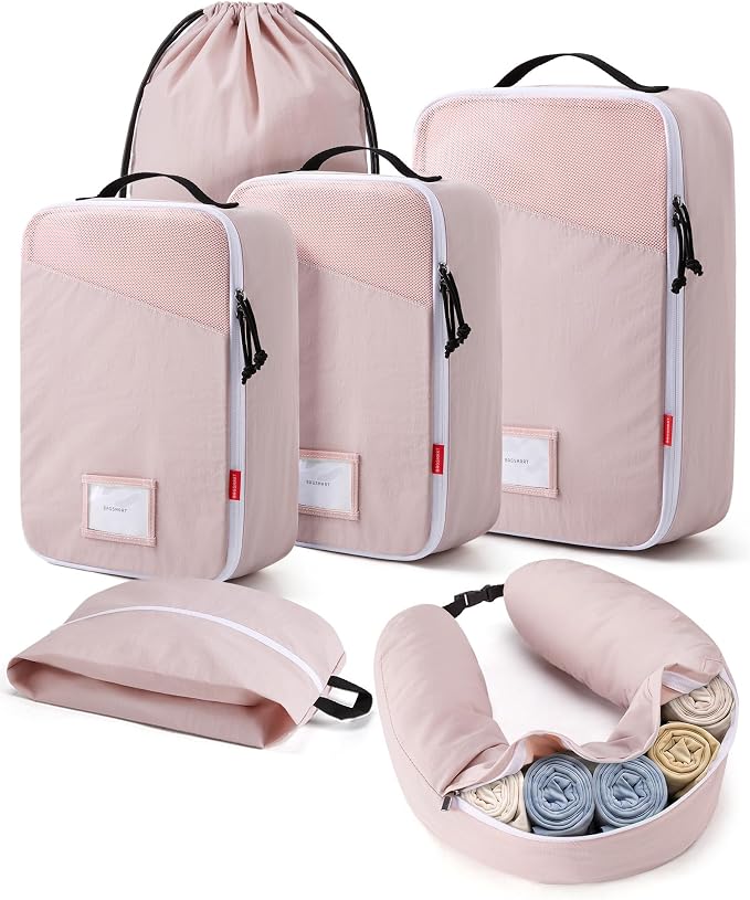 BAGSMART 6 Set Packing Cubes for Travel with Budget Airline Neck Pillow | Travel Essentials, Premium Compression Luggage Organizers for Suitcase, Ultimate Budget Airline Hack, 100% Personal Item Safe by BAGSMART