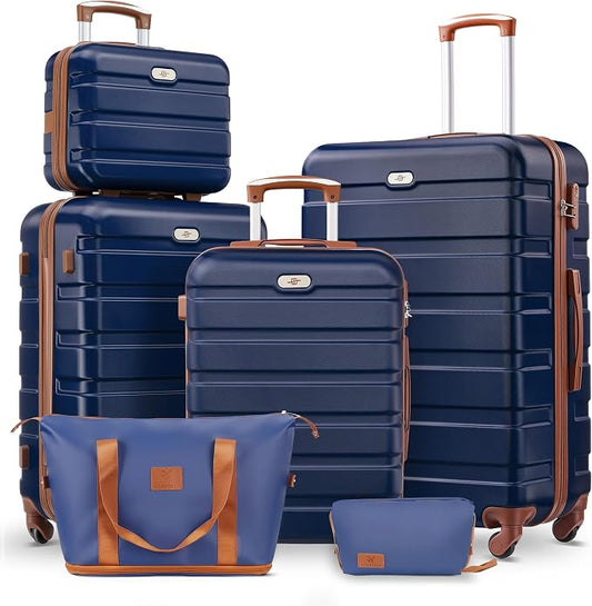 Suitour Luggage Sets 6 Piece, 20-inch Carry-on and 24 inch 28 inch Checked Suitcase Set with Cosmetic Case and Expandable Travel Duffle Bags Set(Navy Brown) by Suitour
