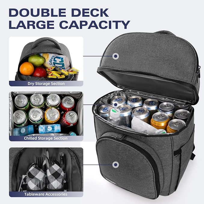 Vogano Picnic Backpack & Accessories – Insulated Picnic Set for 2 Person with Dual Compartments, Lightweight Blanket, Cutlery Set, for Newlyweds and Couples Gifts Grey - Image 6