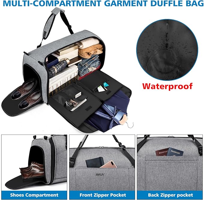 Convertible Garment Bags for Travel - Carry on Garment Duffle Bag with Backpack Straps for Men Women, 4 in 1 Large Travel Duffel Bags with Shoes Compartment Hanging Suit Dress Weekender Bag 3pcs Set - Image 2