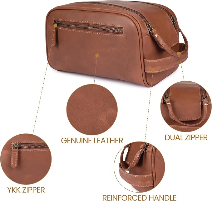 Leather Toiletry Travel Bag with Waterproof Lining, Large Capacity Vintage Dopp Kit, Shaving & Cosmetic Organizer for Men & Women - Tan - Image 3