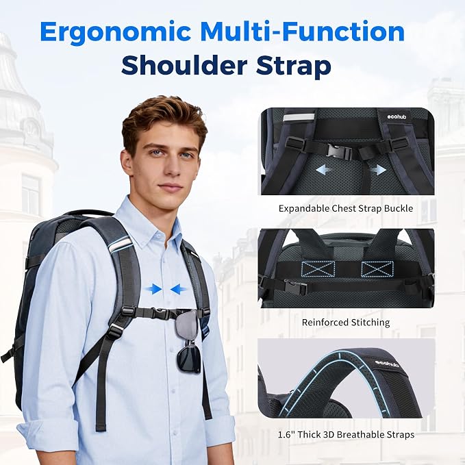 ECOHUB 19" Travel Backpack for Men Women 30L Large Carry-On Backpack with 17.3 In Laptop Compartment,Grey - Image 5