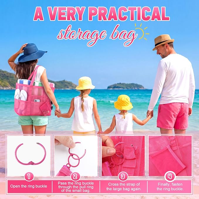 Hillban Large Mesh Beach Bag Bulk for Women Waterproof Sandproof Pool Tote Bag with 8 Pocket Small Zipper Pouch with Ring - Image 6