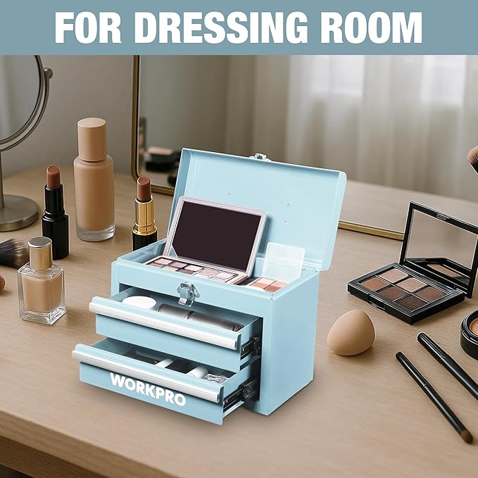 WORKPRO Portable Mini Metal Tool Box with 2 Drawers | Metal Tool Chest, Ball Bearing Slides, Top Storage, Latch Handle, PVC Drawer Liners, PP Feet Pads - Image 7
