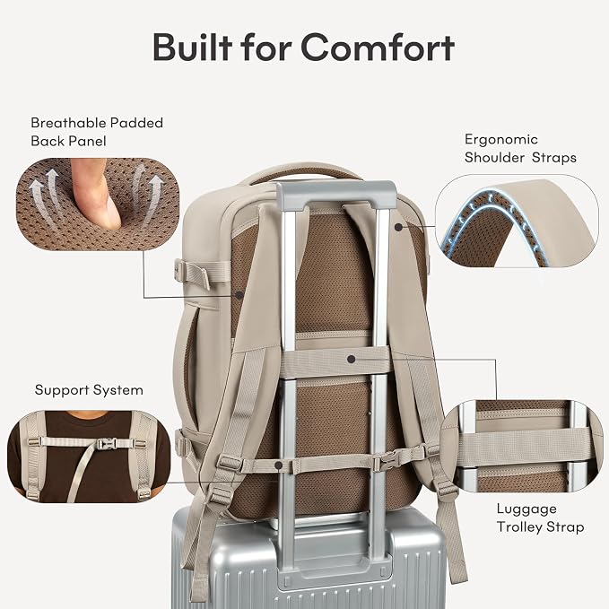 mibasies 40L Travel Backpack for Women & Men: Flight Approved Carry On Backpack, TSA Personal Item Bag with Water Bottle Pocket, Weekender Essentials Backpacks fits 17" Laptop - Khaki Ivory - Image 8
