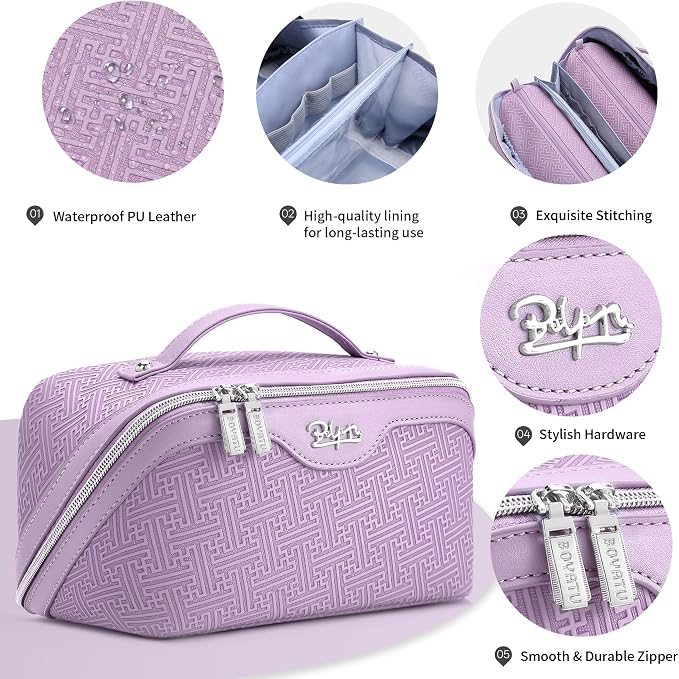 BOYATU Travel Makeup Bags for Women: Vintage Roman Column Texture | Each Journey, Quiet Luxury Serenity - 3 Pcs Set Large Capacity Cosmetic Bag Organizer Toiletry Purse(Purple) - Image 4