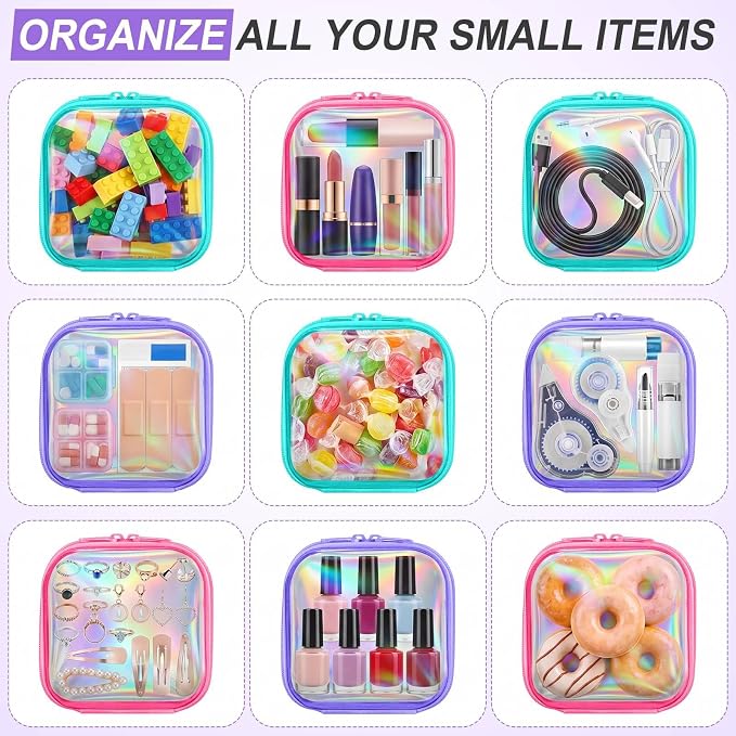 Sanwuta 6 Pcs Clear Hard Zipper Case Plastic Zipper Pouches Transparent Makeup Bag Pencil Case Pouches Toiletry Diaper Bag for Travel Toy Storage Organizer Bins(Holographic,5 x 5 x 2 Inch) - Image 7