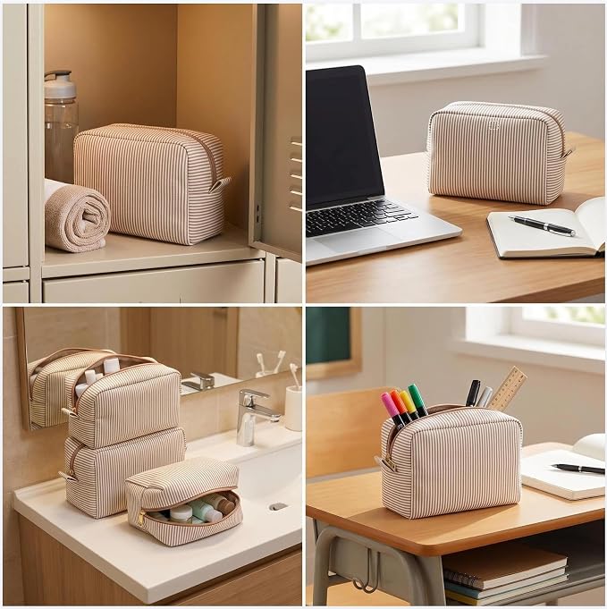 12 PACK Makeup Bags-Bulk Graduation Gifts Seersucker Bridesmaid Proposal Gifts Large Makeup Pouch for Wedding Party Favors Bachelorette Party Decorations Toiletry Organizer Bag Cosmetic Bag(12, Khaki) - Image 4