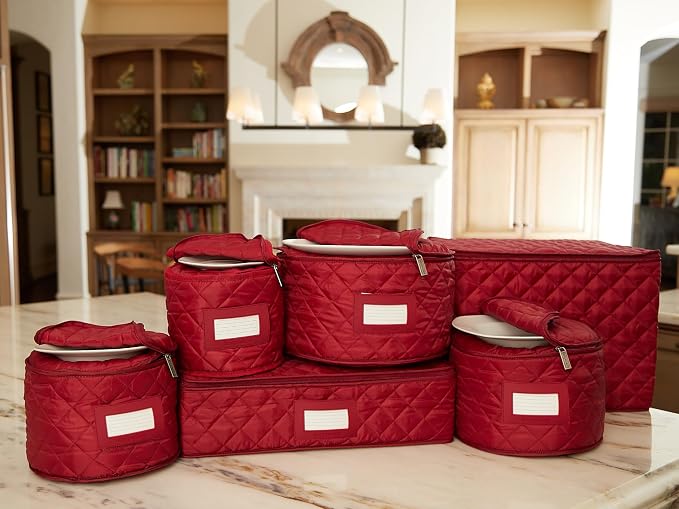 Covermates Keepsakes Dish Storage Set – Padded China & Dinnerware Storage Cases with Dividers, Cup & Stemware Storage, Quilted Polyester Protection, ID Window, Red - Image 4