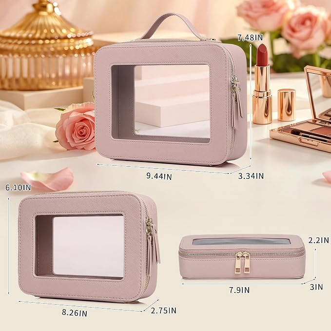 Travel Makeup Set, Pink, L+M+SLIM | Waterproof, Transparent Cosmetic Bag, Toiletry Bag, Makeup Brush Case with Zipper, Car Essentials for Women - Image 3