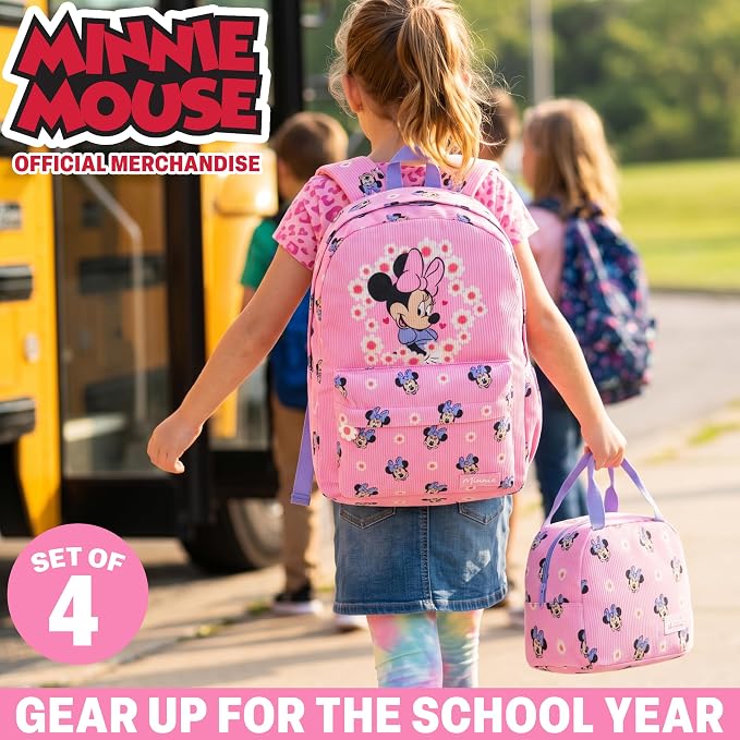 Get Trend Disney Minnie Mouse Girls Corduroy Backpack 4 Piece Set | 17 inch Bookbag with Laptop Pocket, Insulated Lunch Bag, Pencil Case & Lanyard, Back to School Gifts for Girls - Image 2